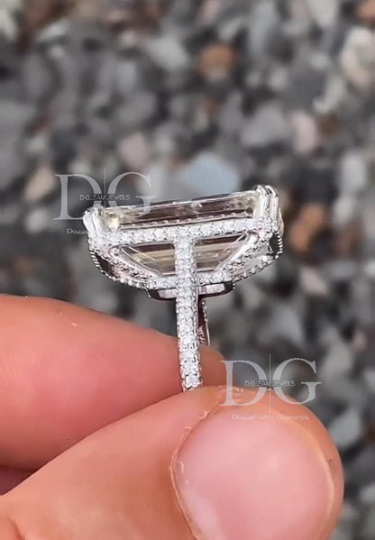 Handmade 10 Carat Emerald Cut Lab Grown Diamond Engagement Ring: Claw Prongs, Comfort Fit