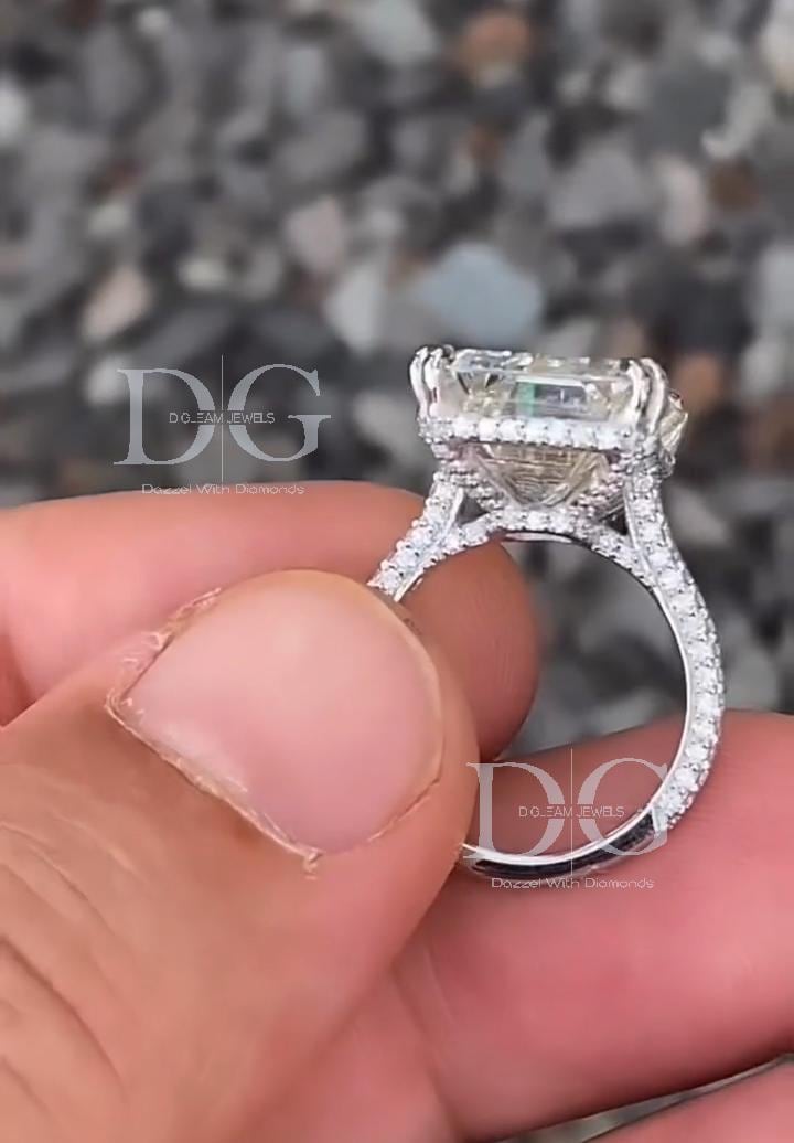 Handmade 10 Carat Emerald Cut Lab Grown Diamond Engagement Ring: Claw Prongs, Comfort Fit