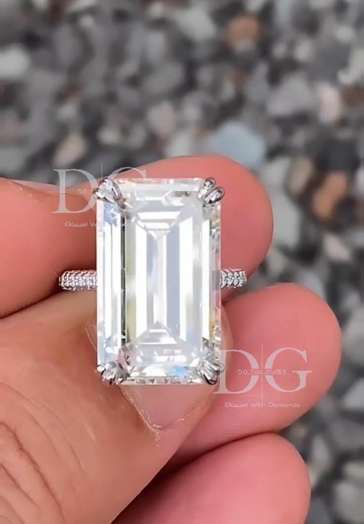 Handmade 10 Carat Emerald Cut Lab Grown Diamond Engagement Ring: Claw Prongs, Comfort Fit
