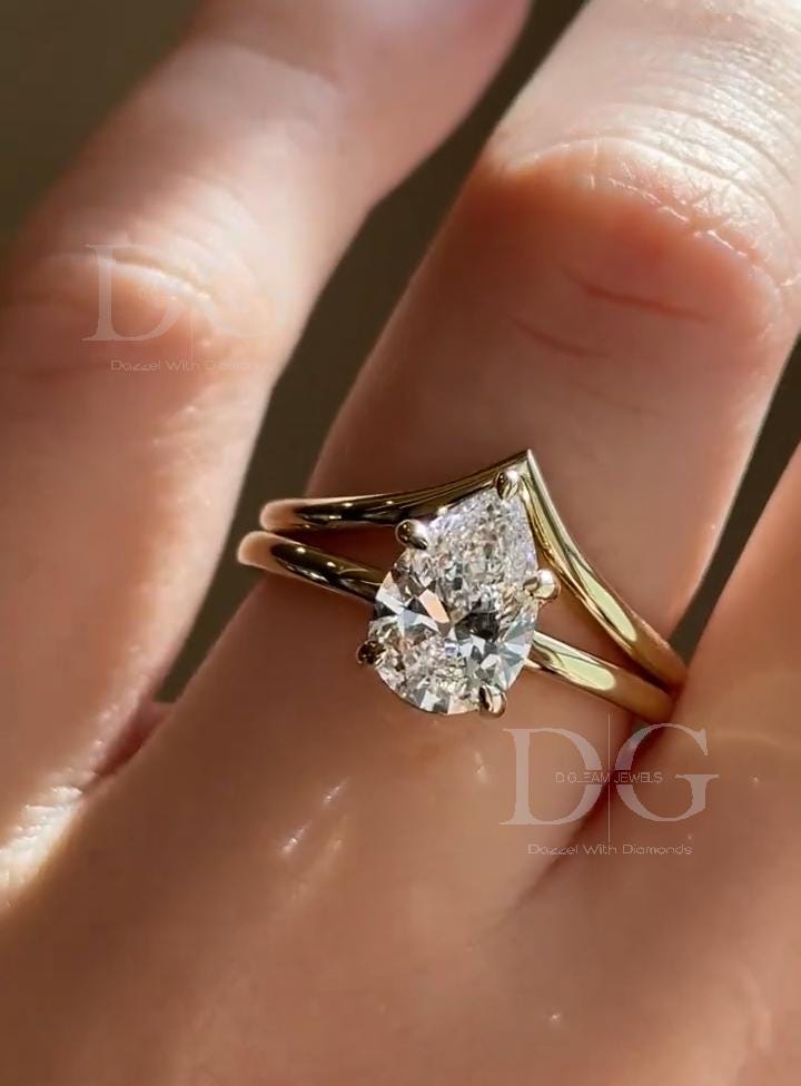 2.50 CT Pear Lab Grown Diamond Tiara Ring - Chevron Wedding Band