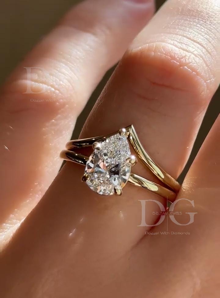 2.50 CT Pear Lab Grown Diamond Tiara Ring - Chevron Wedding Band