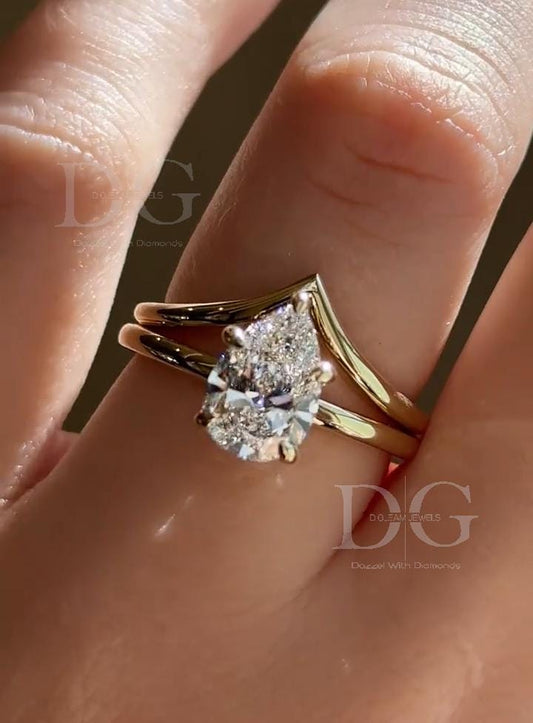 2.50 CT Pear Lab Grown Diamond Tiara Ring - Chevron Wedding Band