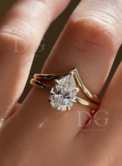 2.50 CT Pear Lab Grown Diamond Tiara Ring - Chevron Wedding Band