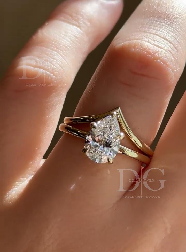 2.50 CT Pear Lab Grown Diamond Tiara Ring - Chevron Wedding Band