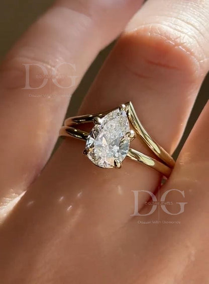 2.50 CT Pear Lab Grown Diamond Tiara Ring - Chevron Wedding Band