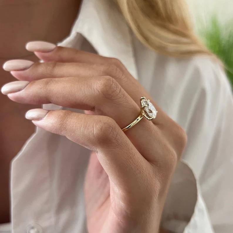 2 Carat Pear Lab Grown Diamond Ring: 14K Gold Solitaire Engagement
