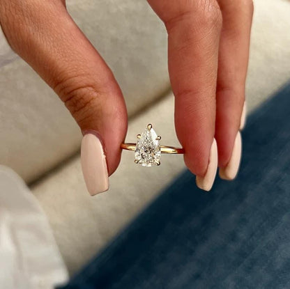 2 Carat Pear Lab Grown Diamond Ring: 14K Gold Solitaire Engagement