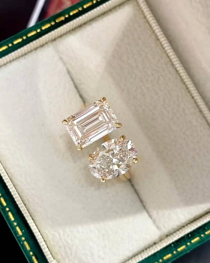 Emerald Cut Toi et Moi Lab Grown Diamond Ring: 14k Gold Wedding Ring