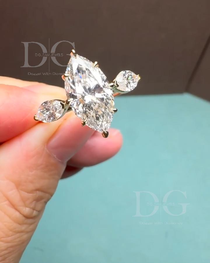 Marquise Cut Lab Grown Diamond Engagement Ring: Three Stone, Handmade