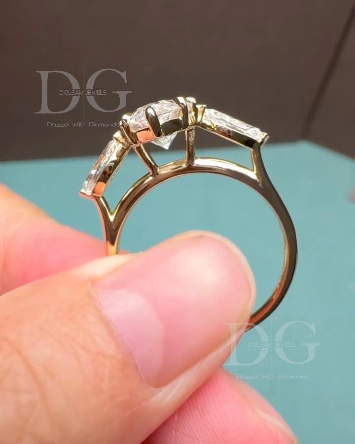 Marquise Cut Lab Grown Diamond Engagement Ring: Three Stone, Handmade