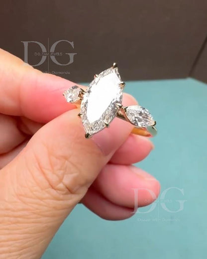 Marquise Cut Lab Grown Diamond Engagement Ring: Three Stone, Handmade