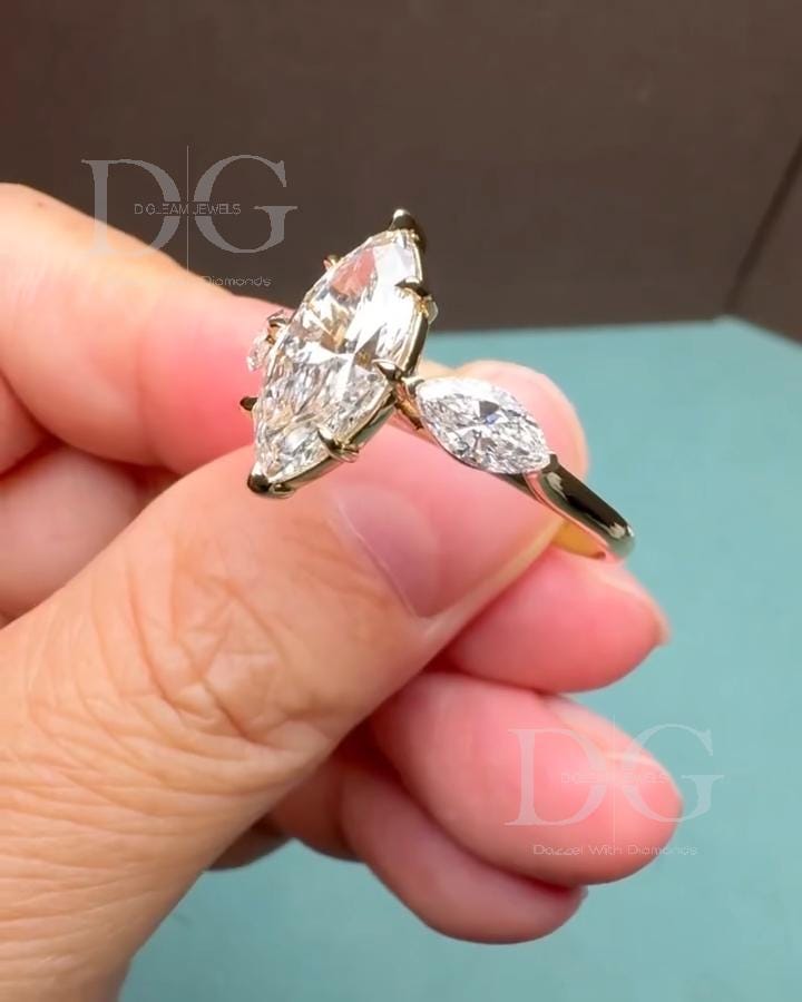 Marquise Cut Lab Grown Diamond Engagement Ring: Three Stone, Handmade