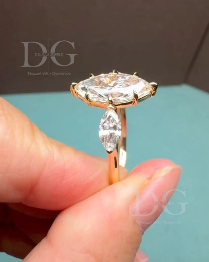 Marquise Cut Lab Grown Diamond Engagement Ring: Three Stone, Handmade