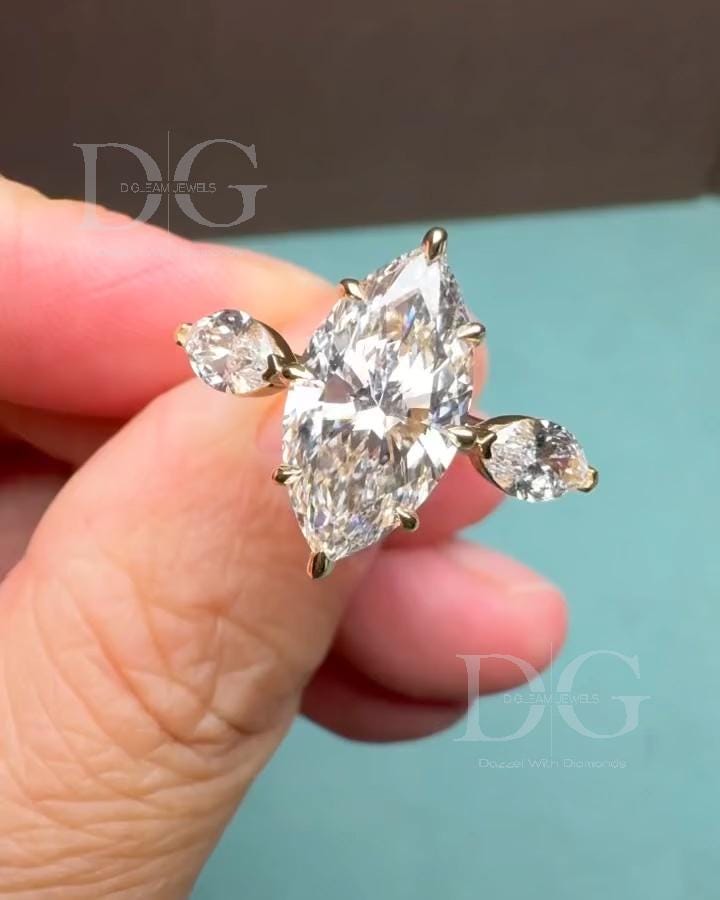 Marquise Cut Lab Grown Diamond Engagement Ring: Three Stone, Handmade