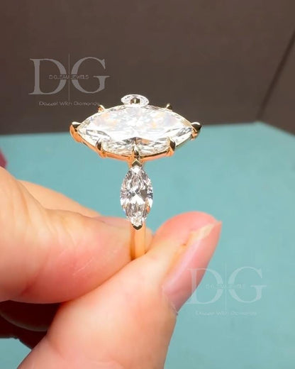 Marquise Cut Lab Grown Diamond Engagement Ring: Three Stone, Handmade