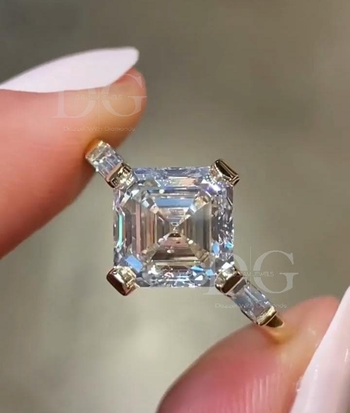 IGI Certified Asscher Cut Lab Grown Diamond Engagement Ring: Three Stone Wedding Ring