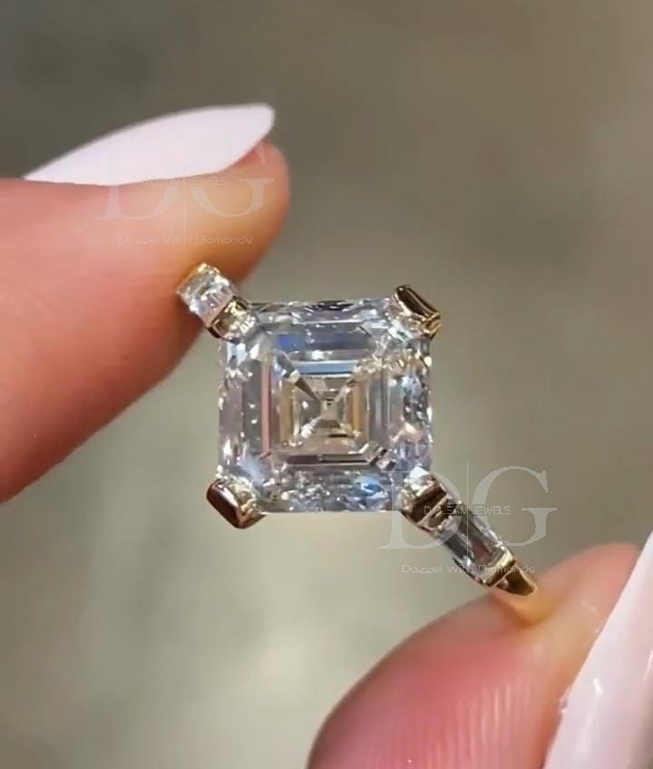 IGI Certified Asscher Cut Lab Grown Diamond Engagement Ring: Three Stone Wedding Ring
