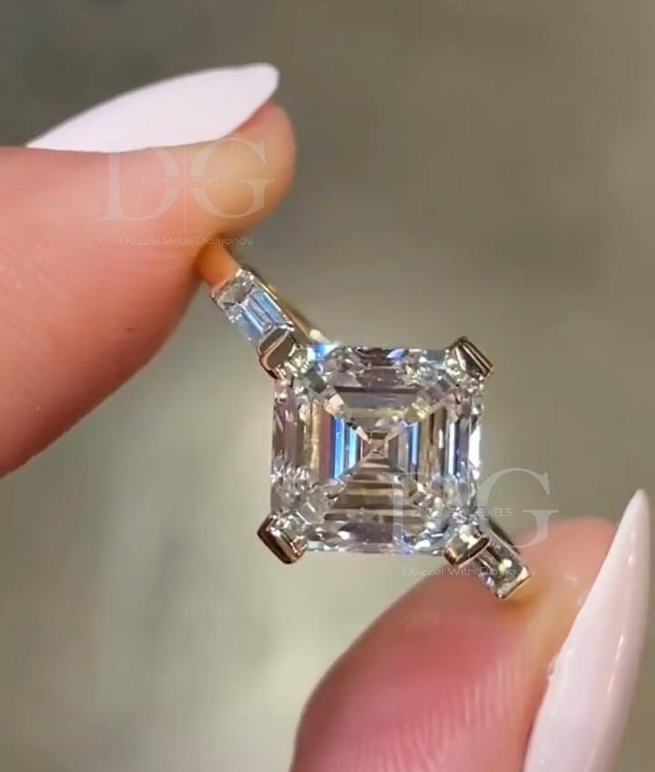 IGI Certified Asscher Cut Lab Grown Diamond Engagement Ring: Three Stone Wedding Ring