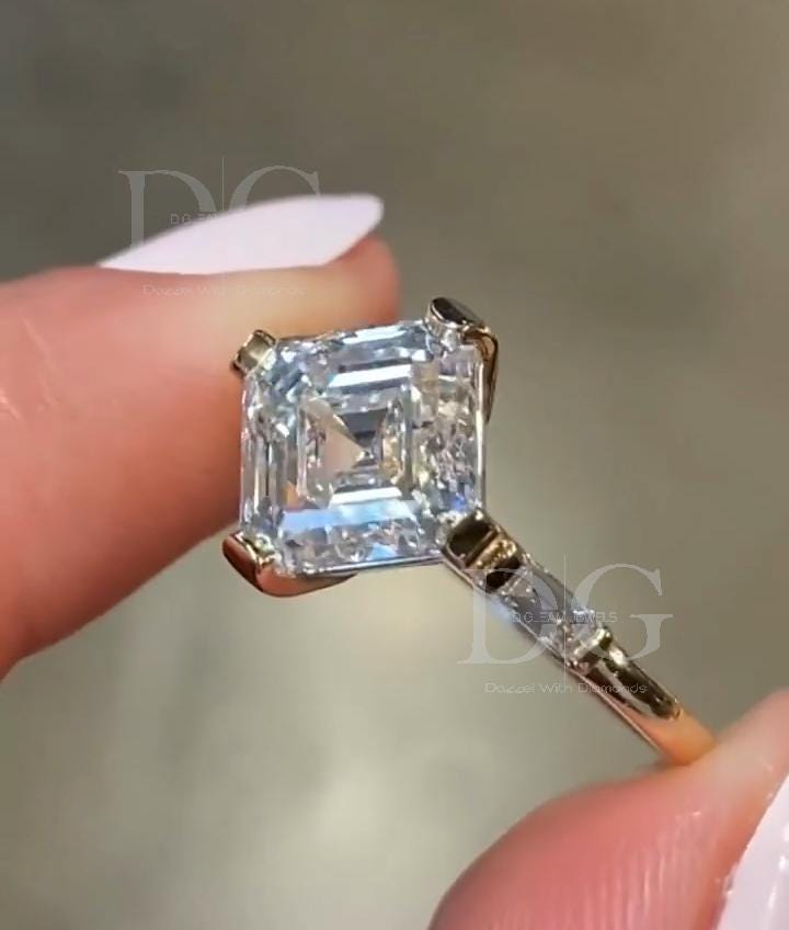 IGI Certified Asscher Cut Lab Grown Diamond Engagement Ring: Three Stone Wedding Ring