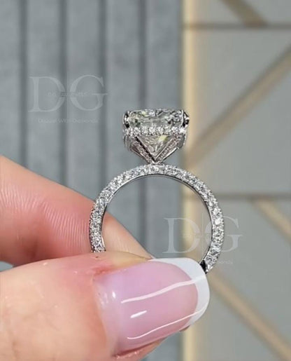 Radiant Cut Lab Diamond Engagement Ring: Hidden Halo, 14k Gold Wedding Ring