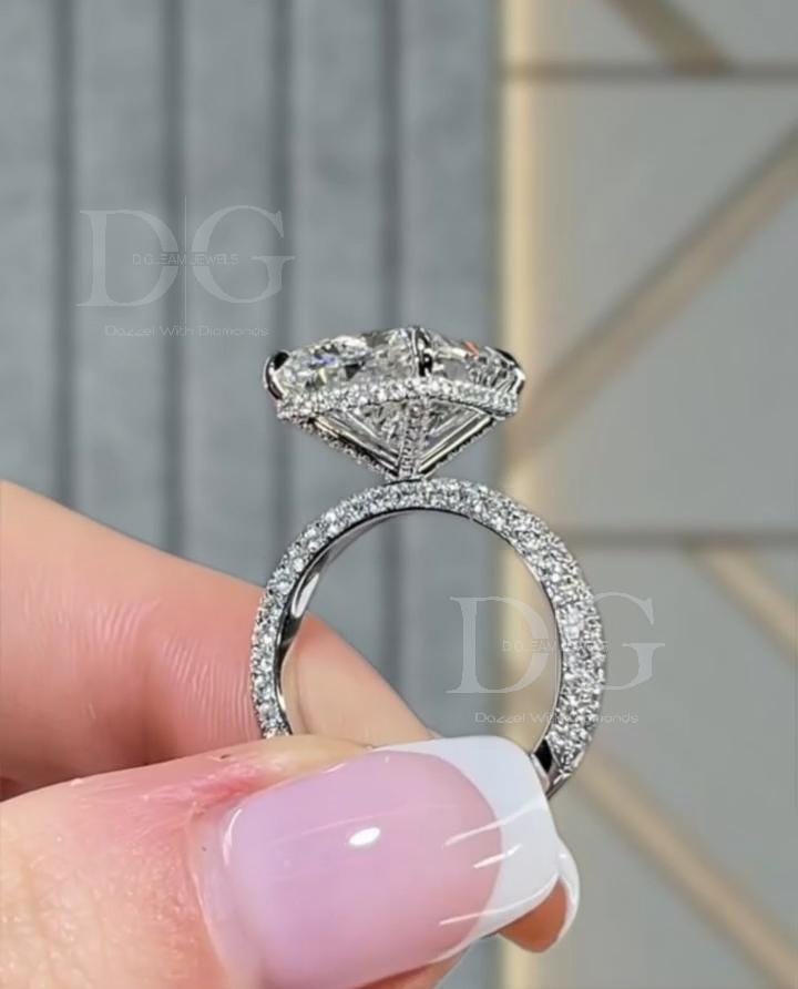 Radiant Cut Lab Diamond Engagement Ring: Hidden Halo, 14k Gold Wedding Ring