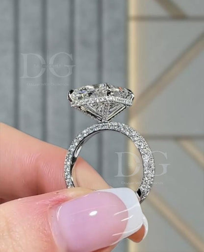 Radiant Cut Lab Diamond Engagement Ring: Hidden Halo, 14k Gold Wedding Ring