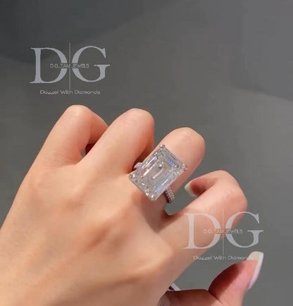 10 CTW Emerald Cut Lab Grown Diamond Engagement Ring with Side Stones | IGI Certified | White Gold | Handmade Luxury Ring
