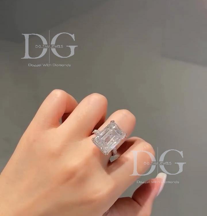 10 CTW Emerald Cut Lab Grown Diamond Engagement Ring with Side Stones | IGI Certified | White Gold | Handmade Luxury Ring