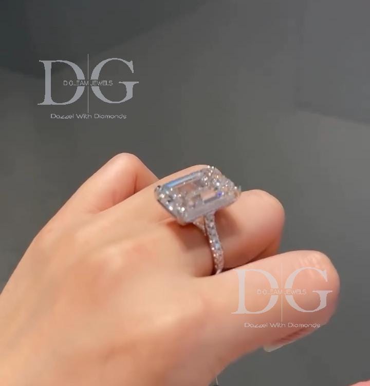 10 CTW Emerald Cut Lab Grown Diamond Engagement Ring with Side Stones | IGI Certified | White Gold | Handmade Luxury Ring