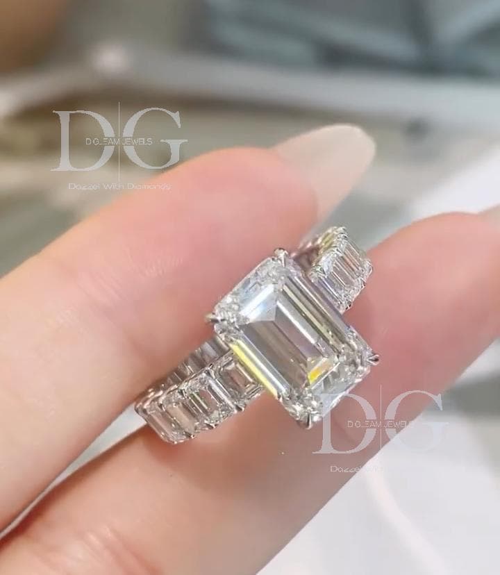 Emerald Cut Lab Grown Diamond Engagement Ring, 14k White Gold Eternity Band