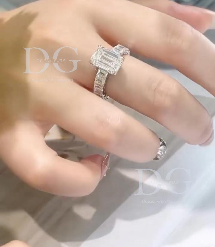 Emerald Cut Lab Grown Diamond Engagement Ring, 14k White Gold Eternity Band