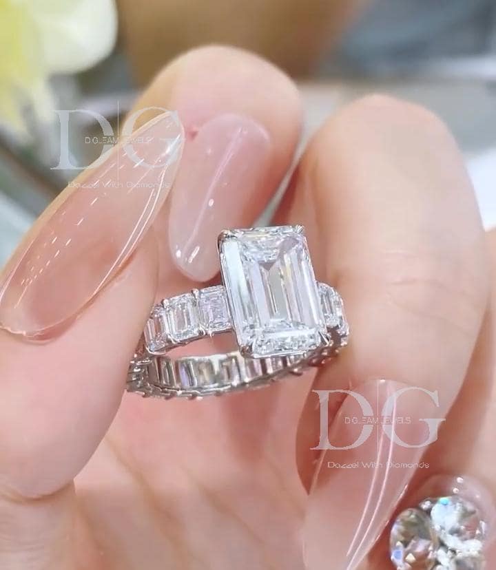 Emerald Cut Lab Grown Diamond Engagement Ring, 14k White Gold Eternity Band