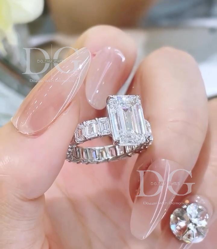 Emerald Cut Lab Grown Diamond Engagement Ring, 14k White Gold Eternity Band