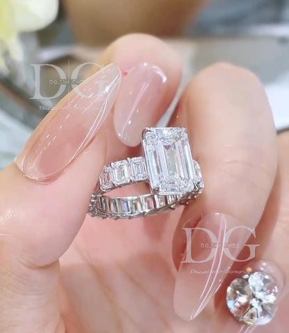Emerald Cut Lab Grown Diamond Engagement Ring, 14k White Gold Eternity Band