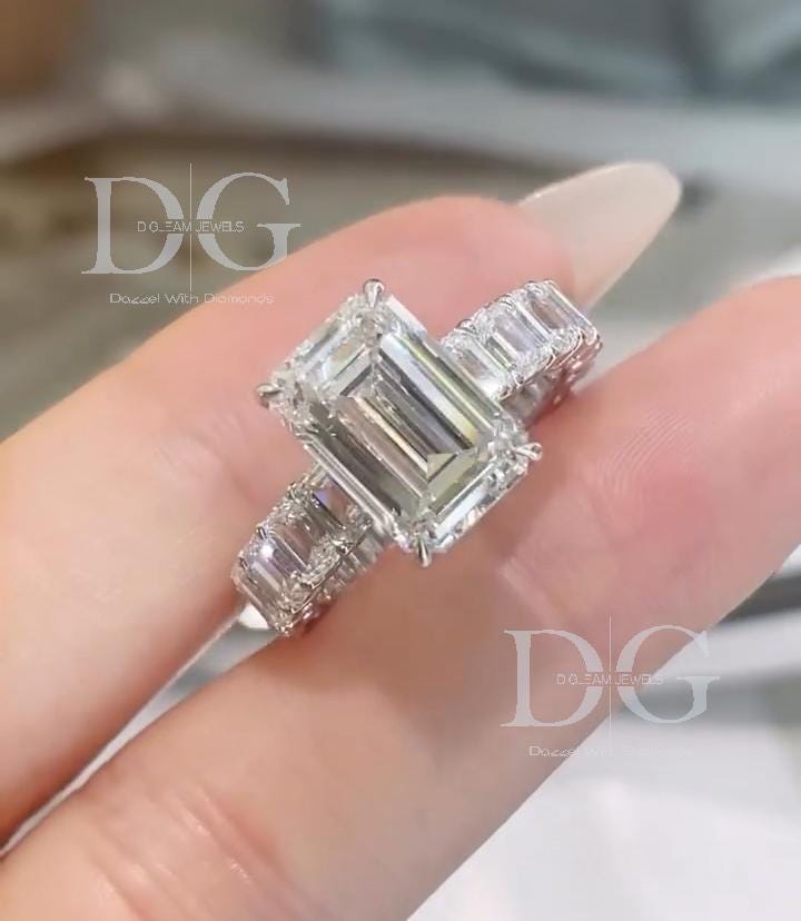 Emerald Cut Lab Grown Diamond Engagement Ring, 14k White Gold Eternity Band