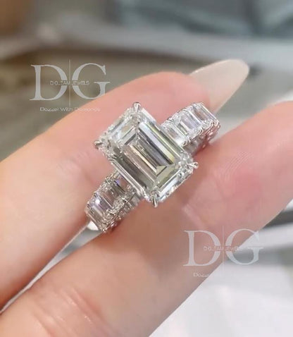 Emerald Cut Lab Grown Diamond Engagement Ring, 14k White Gold Eternity Band