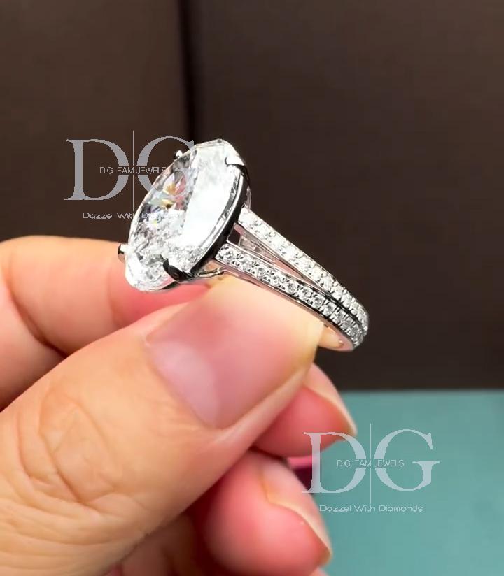 IGI Certified 5.00 Carat Oval Lab Grown Diamond Engagement Ring: Hidden Halo Split Shank