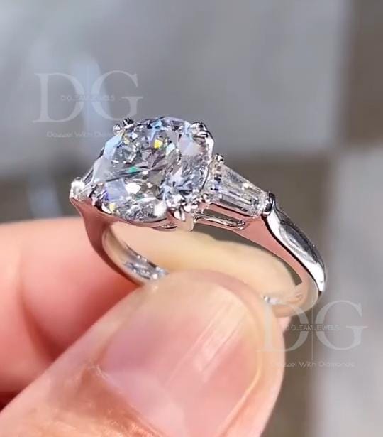 3.00 CT Lab Grown Diamond Engagement Ring: Three Stone Tapered Baguette Setting