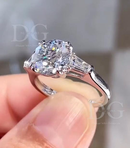3.00 CT Lab Grown Diamond Engagement Ring: Three Stone Tapered Baguette Setting
