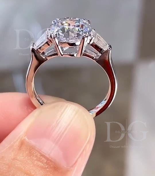 3.00 CT Lab Grown Diamond Engagement Ring: Three Stone Tapered Baguette Setting