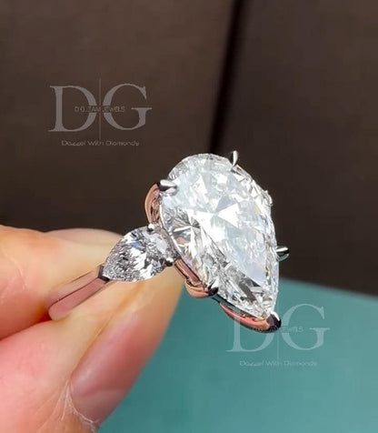 5.01 CT Pear Cut Lab Grown Diamond Three Stone Engagement Ring