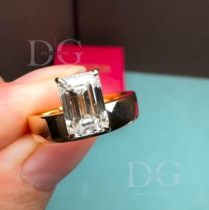 Emerald Cut Lab Grown Diamond Solitaire Ring: 14K Yellow Gold Prong Setting