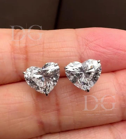 Handmade Heart Lab Grown Diamond Stud Earrings: 1-3 ct, White/Yellow/Rose Gold
