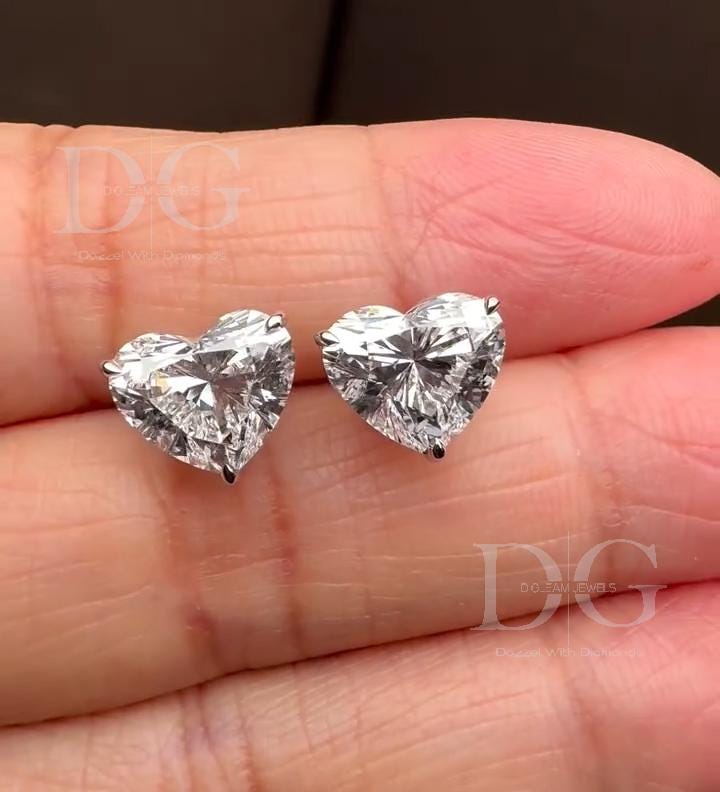 Handmade Heart Lab Grown Diamond Stud Earrings: 1-3 ct, White/Yellow/Rose Gold