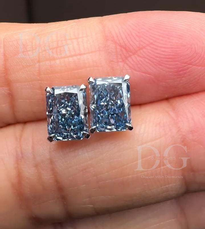 Radiant Cut Fancy Blue Lab Grown Diamond Stud Earrings: 2.00 tcw, 14k White Gold