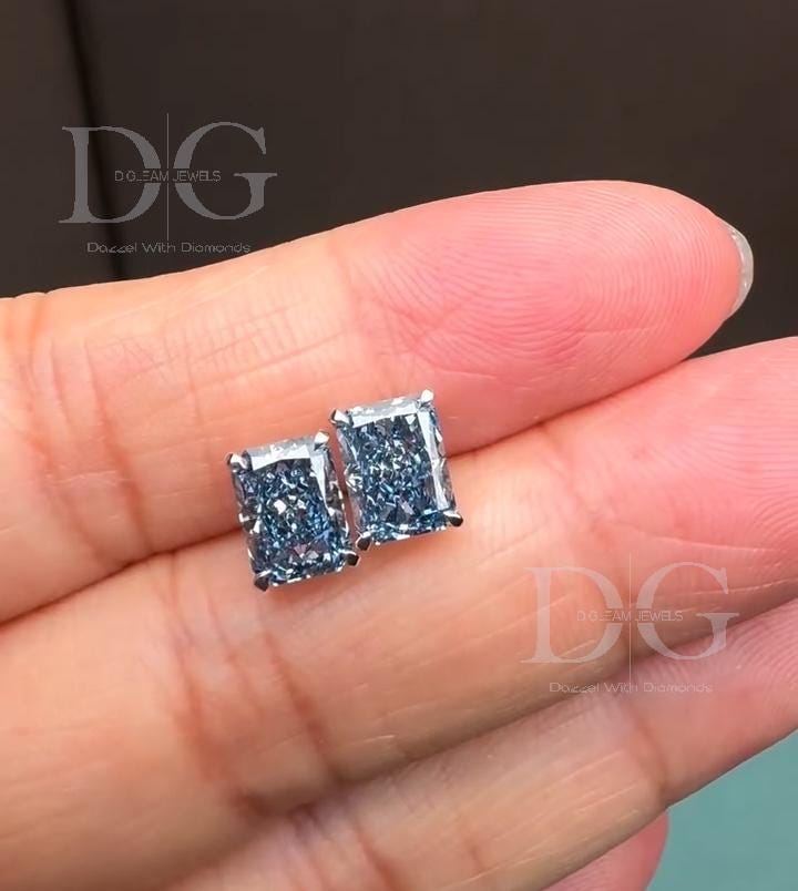 Radiant Cut Fancy Blue Lab Grown Diamond Stud Earrings: 2.00 tcw, 14k White Gold