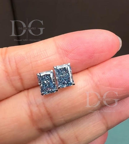 Radiant Cut Fancy Blue Lab Grown Diamond Stud Earrings: 2.00 tcw, 14k White Gold