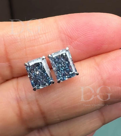 Radiant Cut Fancy Blue Lab Grown Diamond Stud Earrings: 2.00 tcw, 14k White Gold