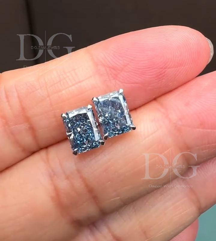 Radiant Cut Fancy Blue Lab Grown Diamond Stud Earrings: 2.00 tcw, 14k White Gold