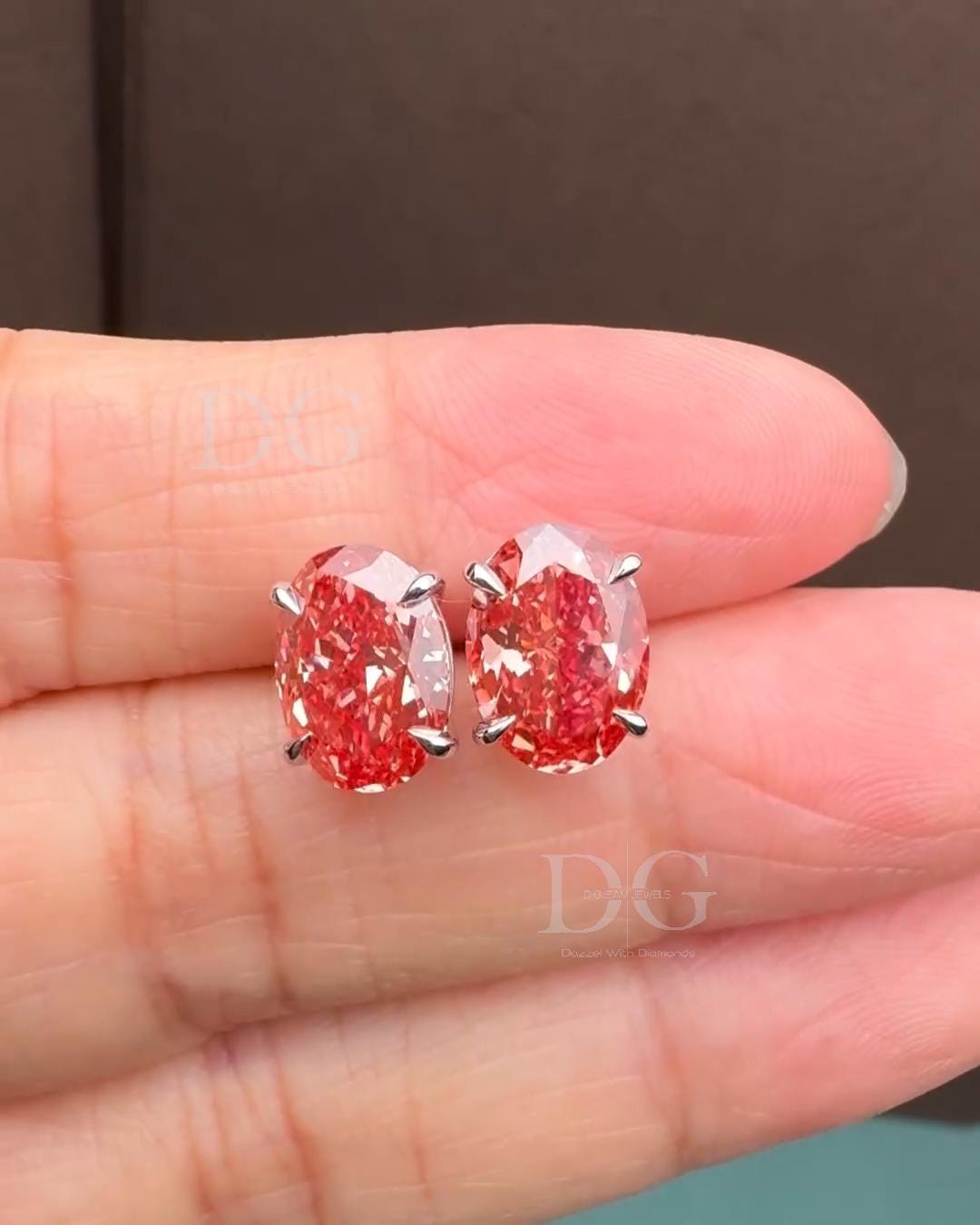 Oval Lab Grown Fancy Red Diamond Stud Earrings: 14k White Gold Basket Setting